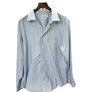 Calvin Klein Men’s Blue & White Plaid 100% Cotton Non-Iron Dress Shirt – Size L